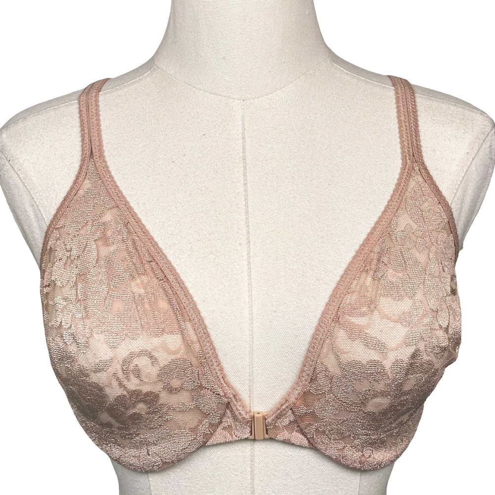 Vintage Victoria's Secret Lace Front Close Bra Women 36C Pink Nude Floral Sheer